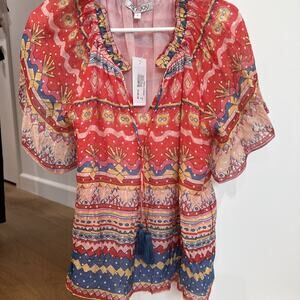 Joy Joy Peasant Blouse Small Red Americana Boho Tassel Tie NWT $130